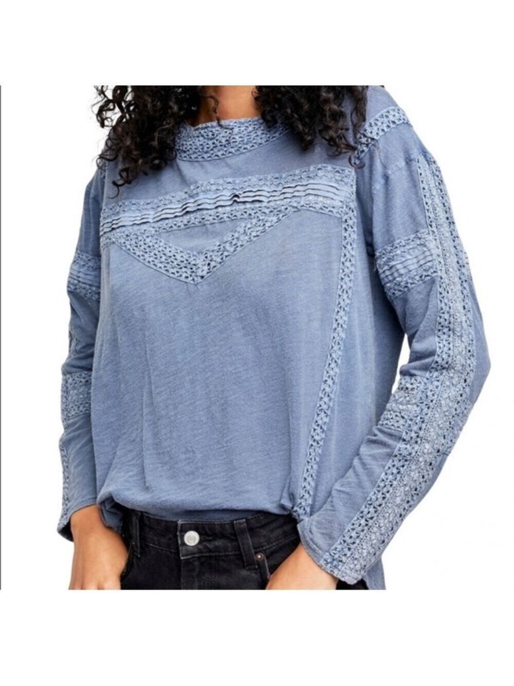 Free People Denim Blue Lace crochet bohemian Accent Blouse size small
